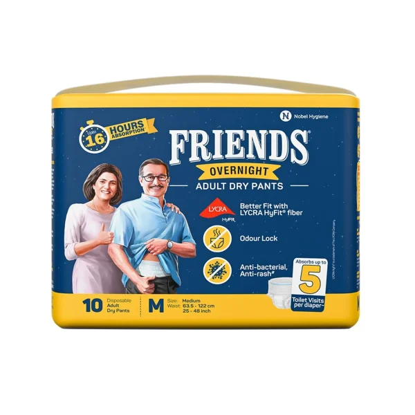 Friends Overnight Adult Diapers, Pant Style, 16 Hours Protection – Medium (10 Diapers)