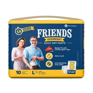 Friends Overnight Adult Diapers, Pant Style, 16 Hours Protection- Large (10 Diapers)