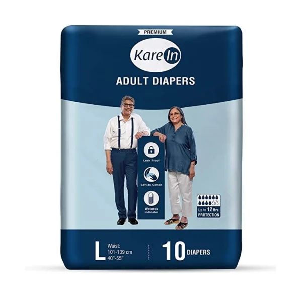 Karein Premium Adult Diapers,Tape Style, 12 Hours Protection - Large (10 Diapers)