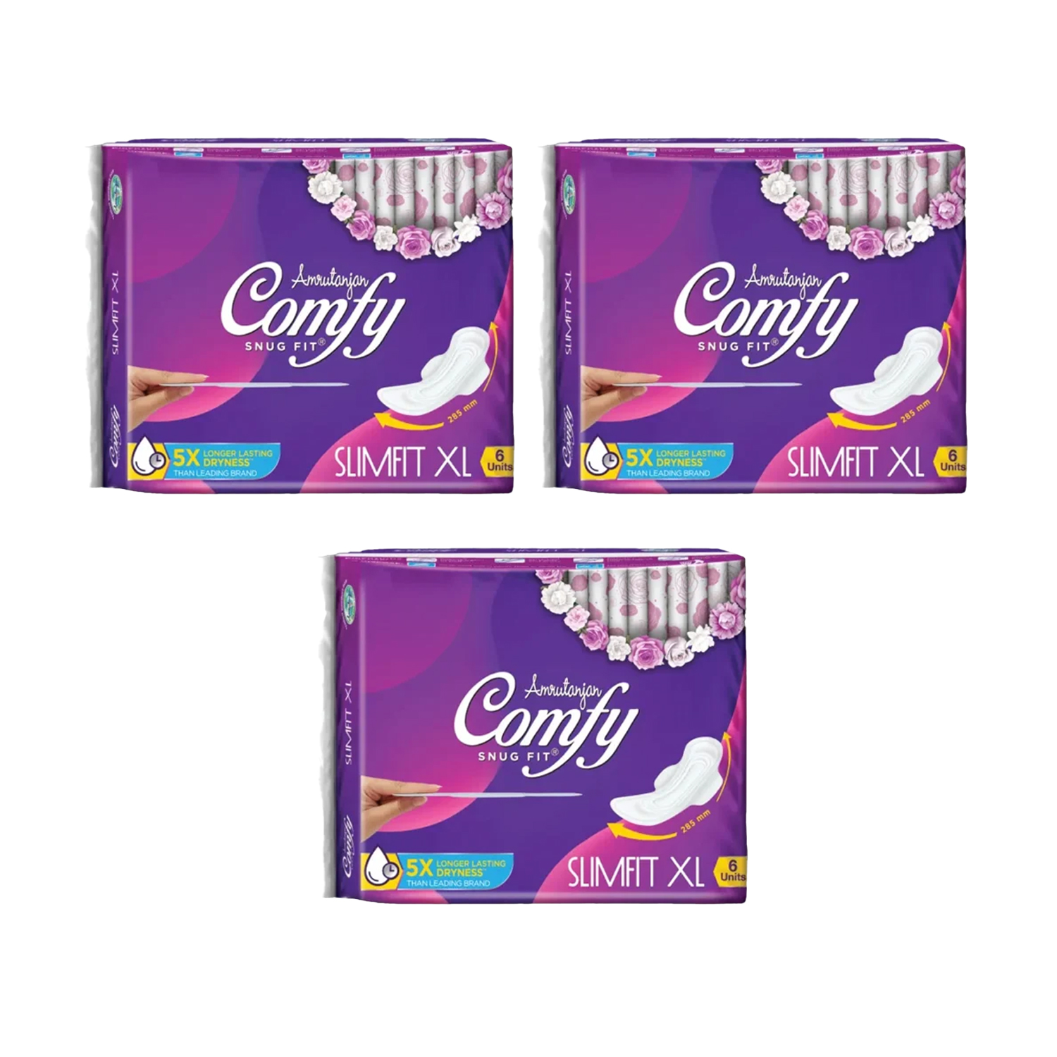Amrutanjan Comfy Snug Fit Sanitary Pads Slimfit XL 6 Pads (Pack of 3)