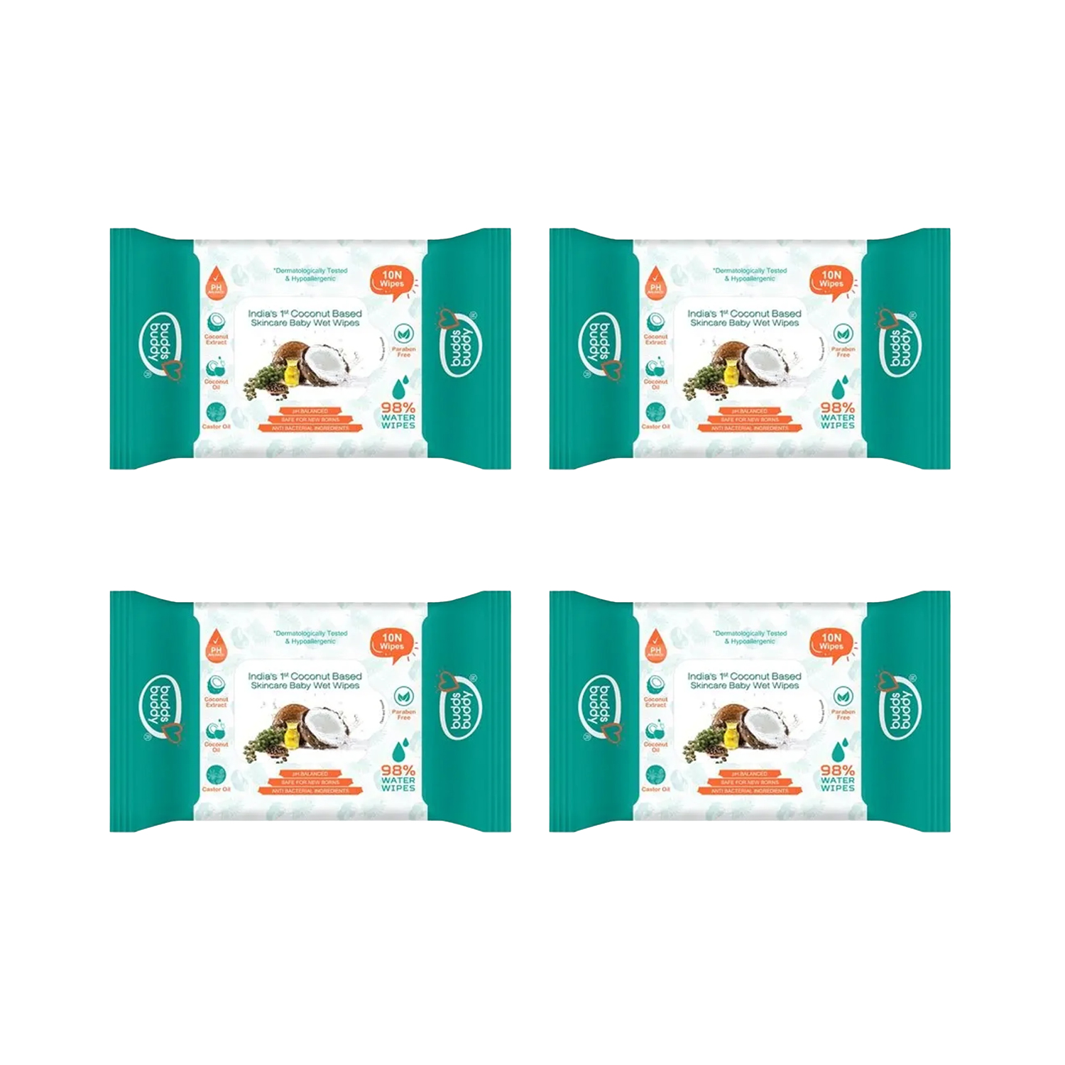 BuddsBuddy Coconut Based Skincare Baby Wet Wipes 10 Wipes (Pack of 4)