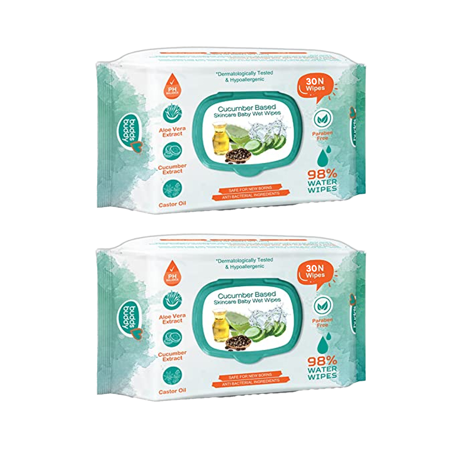 BuddsBuddy Cucumber Based Skincare Baby Wet Wipes 30 Wipes (Pack of 2)