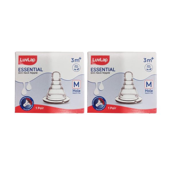 LuvLap Anti-Colic Essential Teat/Nipple for Slim Neck Bottle - Medium Flow 3M+(Pack of 2)