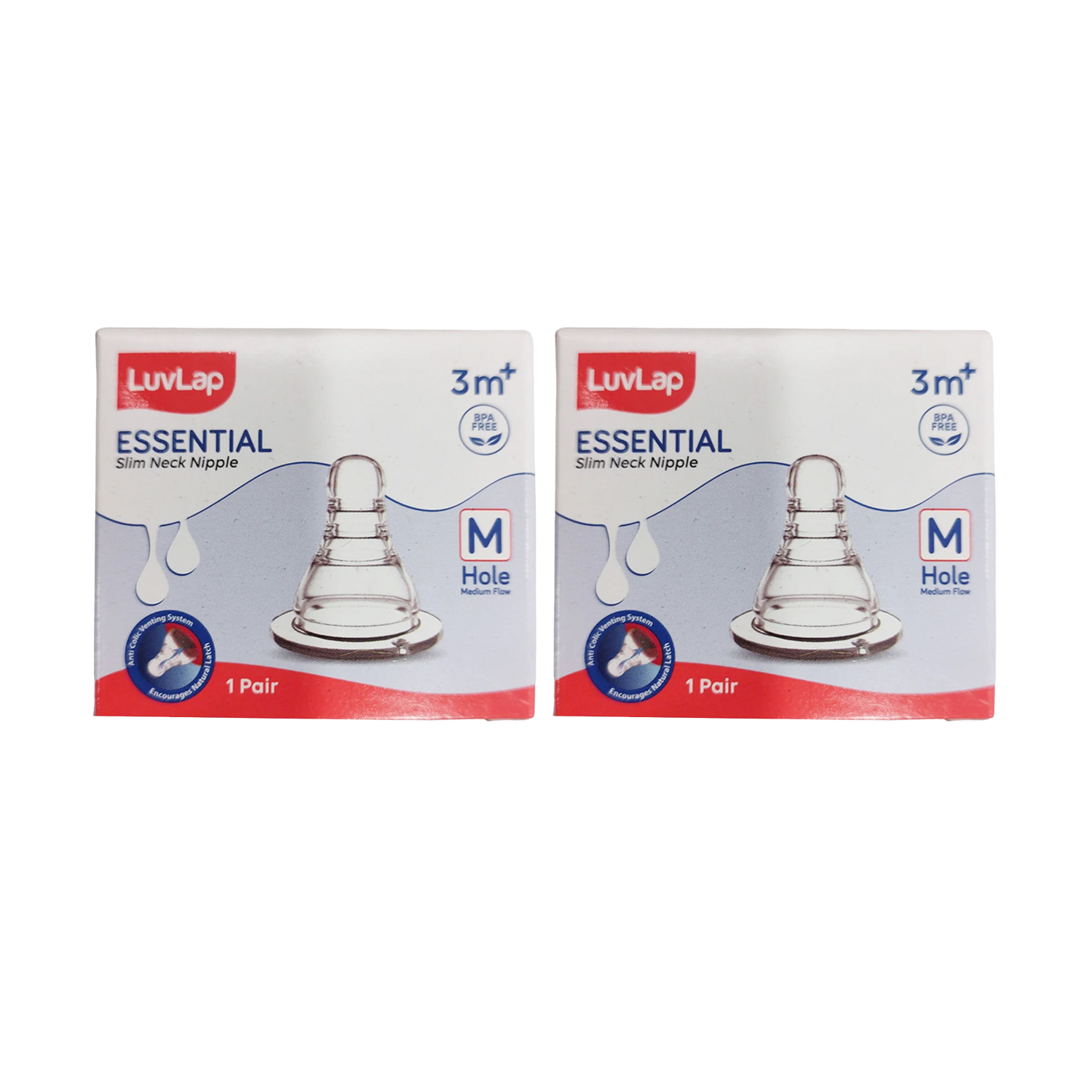 LuvLap Anti-Colic Essential Teat/Nipple for Slim Neck Bottle - Medium Flow 3M+(Pack of 2)