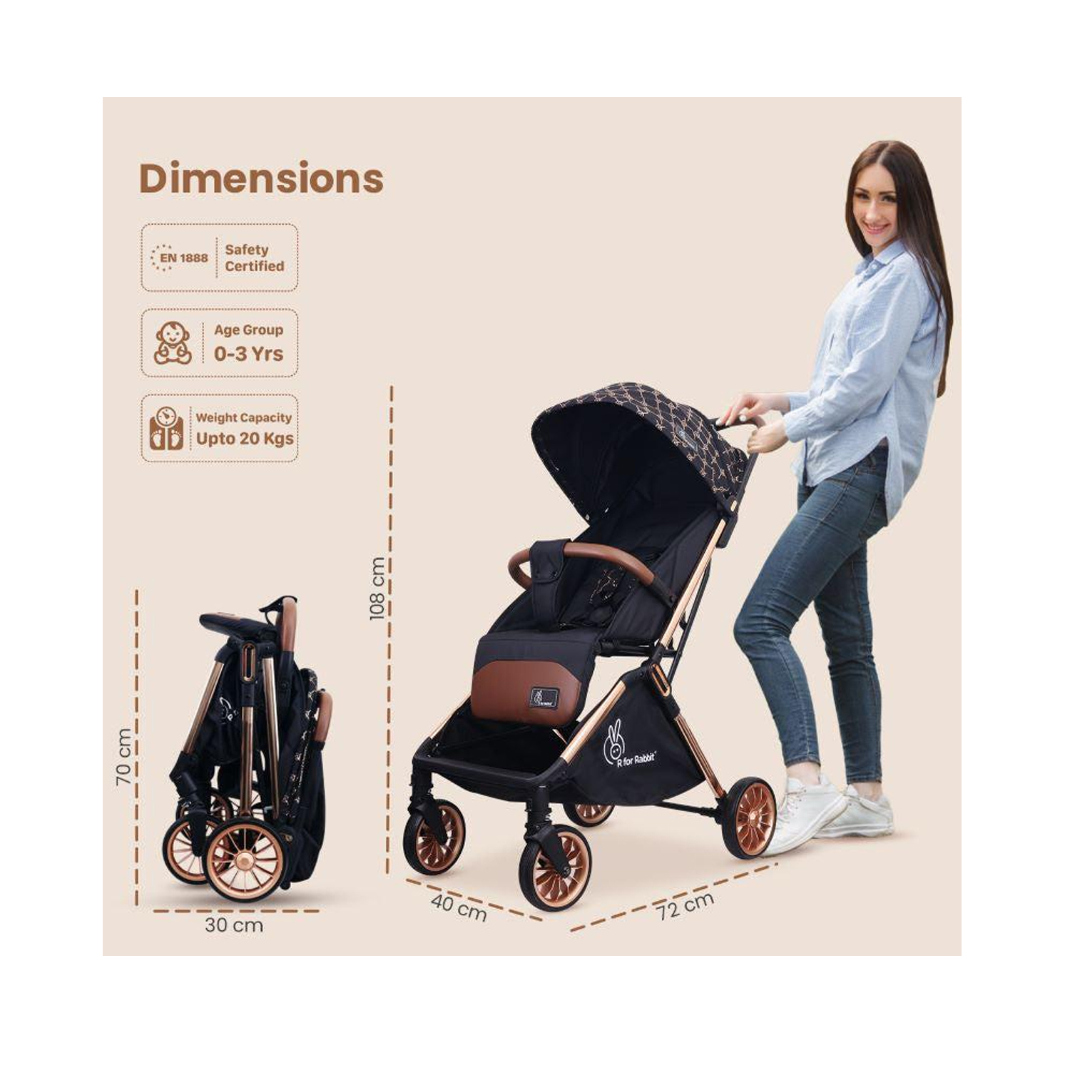 R for Rabbit Street Smart Auto Fold Stroller (Gold Black)