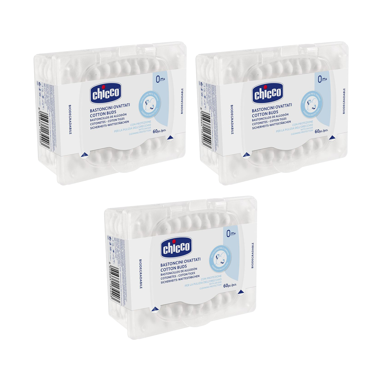 Chicco Cotton Buds With Ear Drum Protection 60 pcs (Pack of 3)