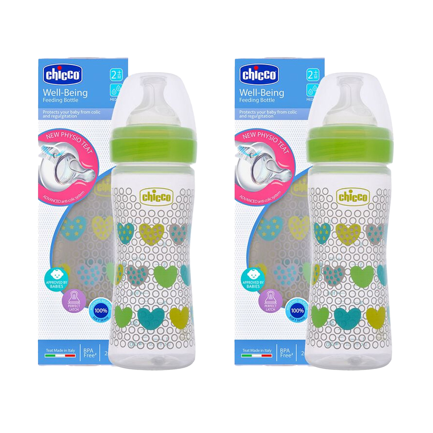 Chicco Well Being Feeding Bottle And Physio Teats- Medium Flow (Green) 250 ml Pack of 2