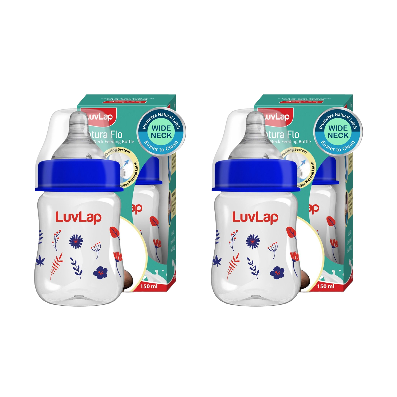 LuvLap Anti-Colic Wide Neck Natura Flo Baby Feeding Bottle Floral - 150ml (M.No 18907) Pack of 2