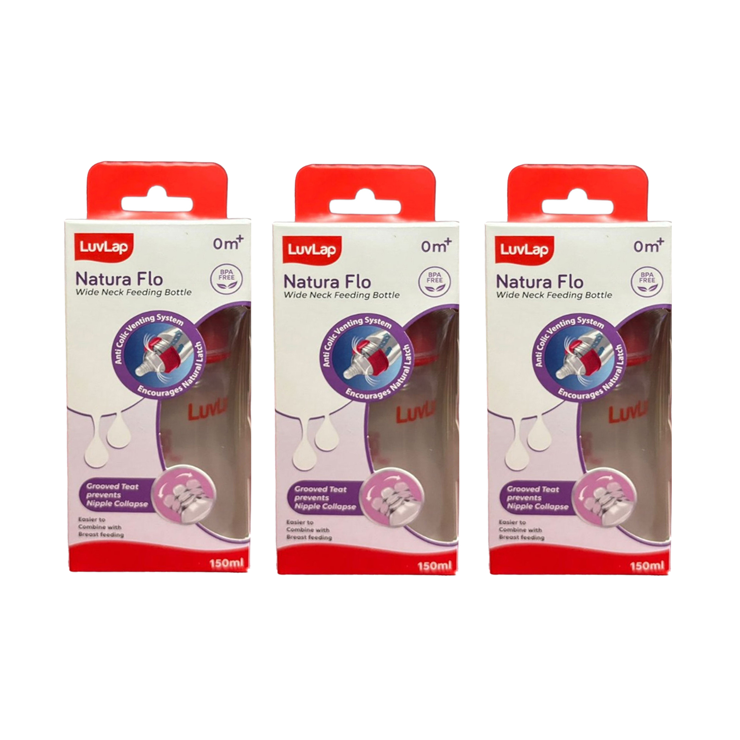 LuvLap Anti-Colic Wide Neck Natura Flo Baby Feeding Bottle Plain - 150ml (M.No 18901) (Pack of 3)