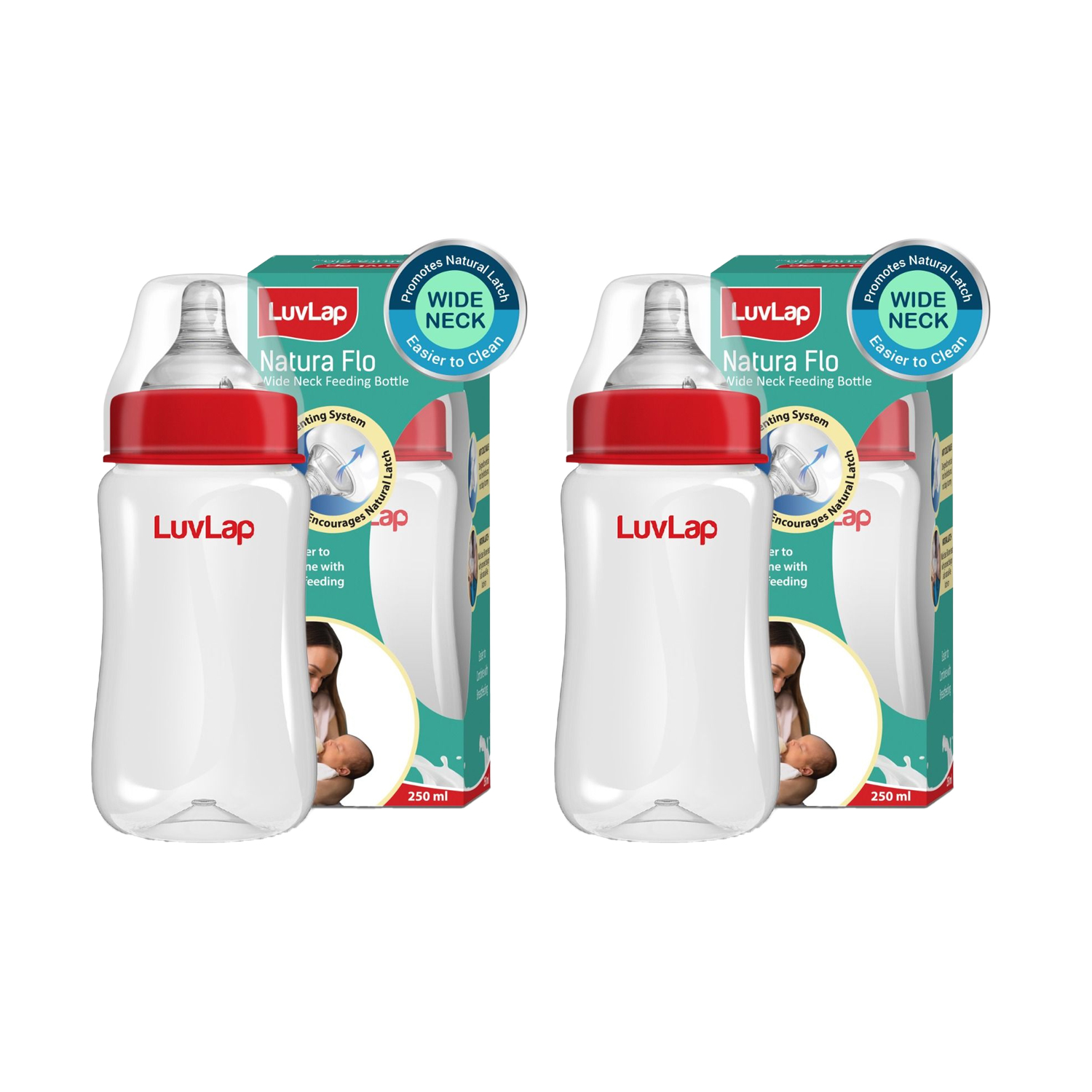 LuvLap Anti-Colic Wide Neck Natura Flo Baby Feeding Bottle Plain - 250ml (M.No 18902) Pack of 2