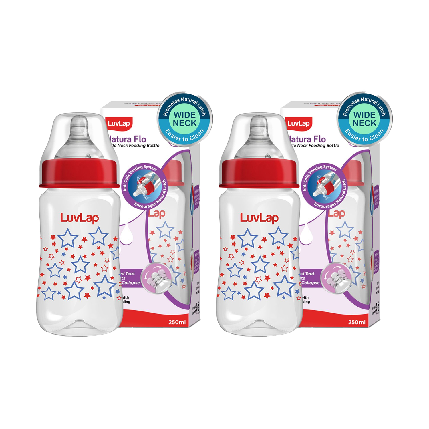LuvLap Anti-Colic Wide Neck Natura-Flo Feeding Bottle - Star 250ml (M.No 18910) Pack of 2