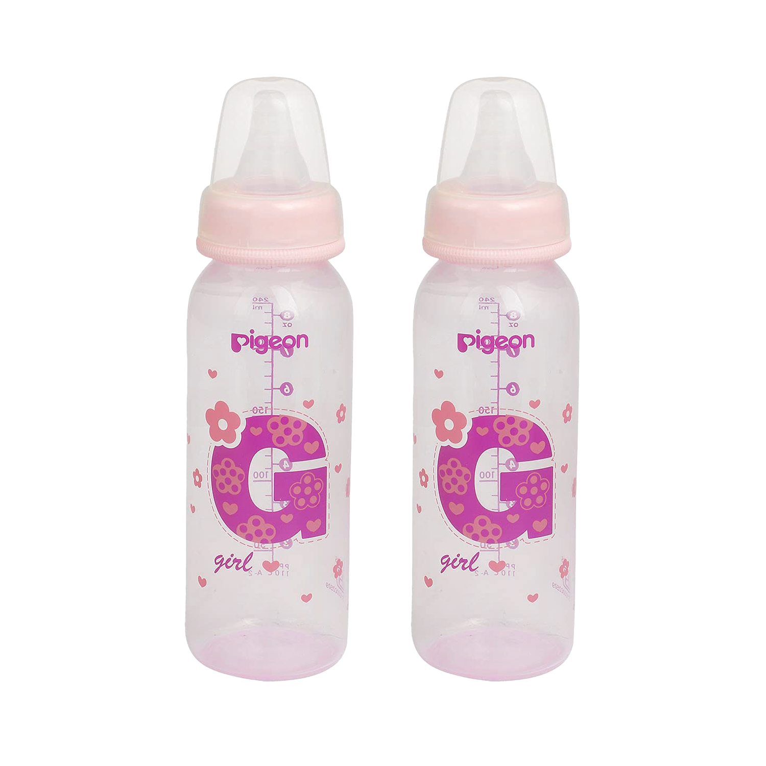 Pigeon Peristaltic Clear Nursing Bottle RPP Girl (Pink) 240 ml (Pack of 2)