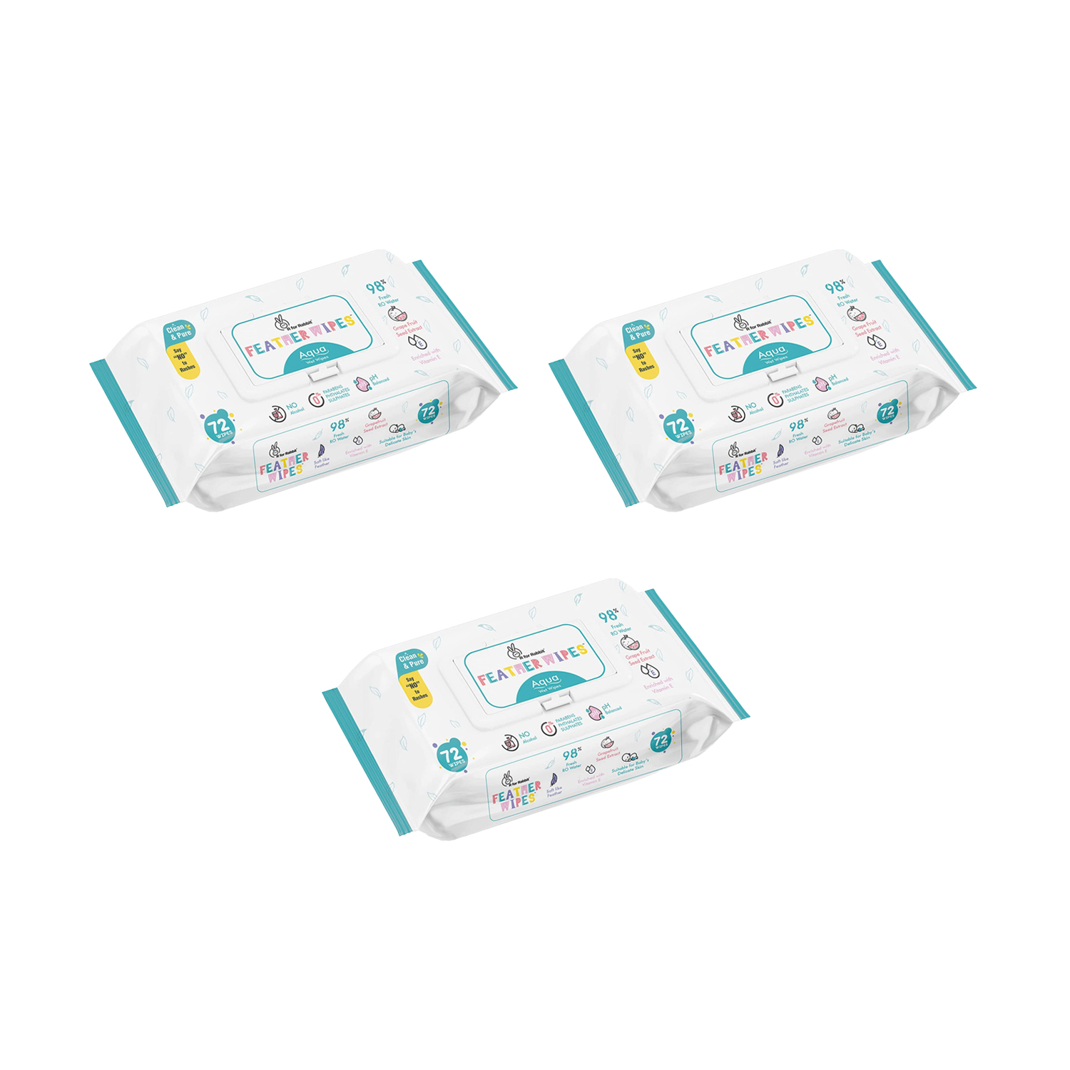 R for Rabbit Feather Aqua Baby Wipes (72Wipes) (Pack of 3)