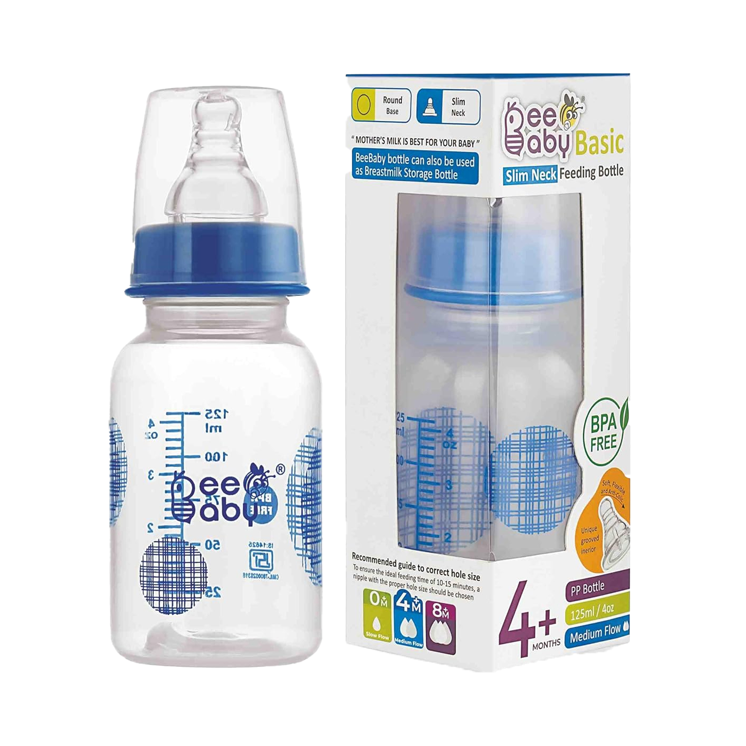 Bee Baby Basic Slim Neck Feeding Bottle Medium Flow (125ml)