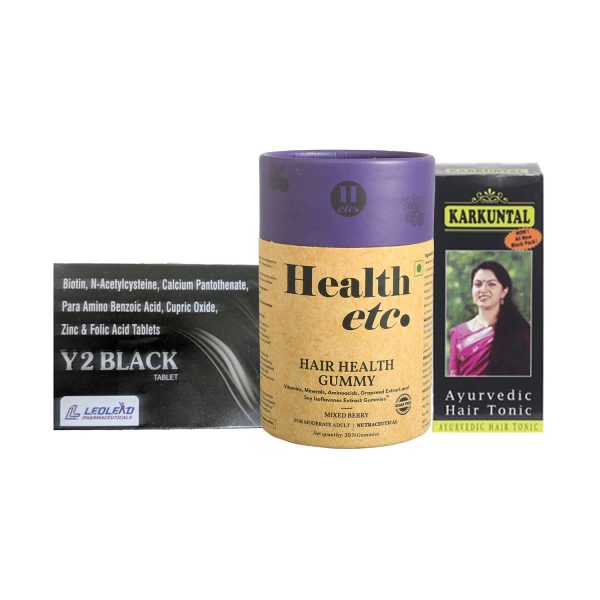 Anti Grey Hair Combo (Y2 Black Tablet + Karkuntal Hair Oil + Health etc Hair Health Gummy) Anti Grey Hair Combo (Y2 Black Tablet + Karkuntal Hair Oil + Health etc Hair Health Gummy)