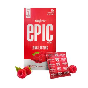 Manforce Epic Condoms Long Lasting Pleasure Raspberry Flavour (10 Condoms in 1 Pack)
