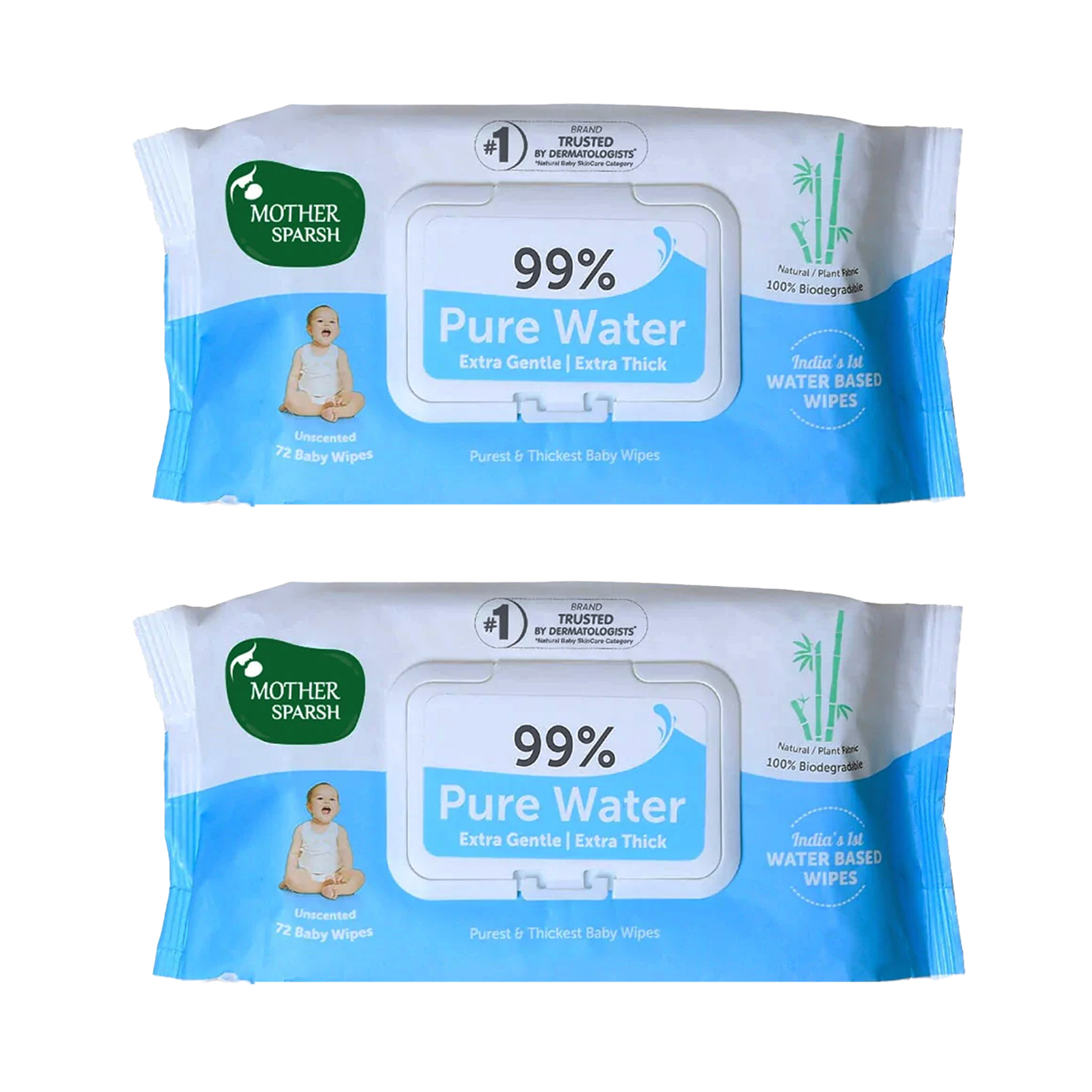 Mother Sparsh 99% Unscented Pure Water Baby Wipes - 72 Wipes (Pack of 2)