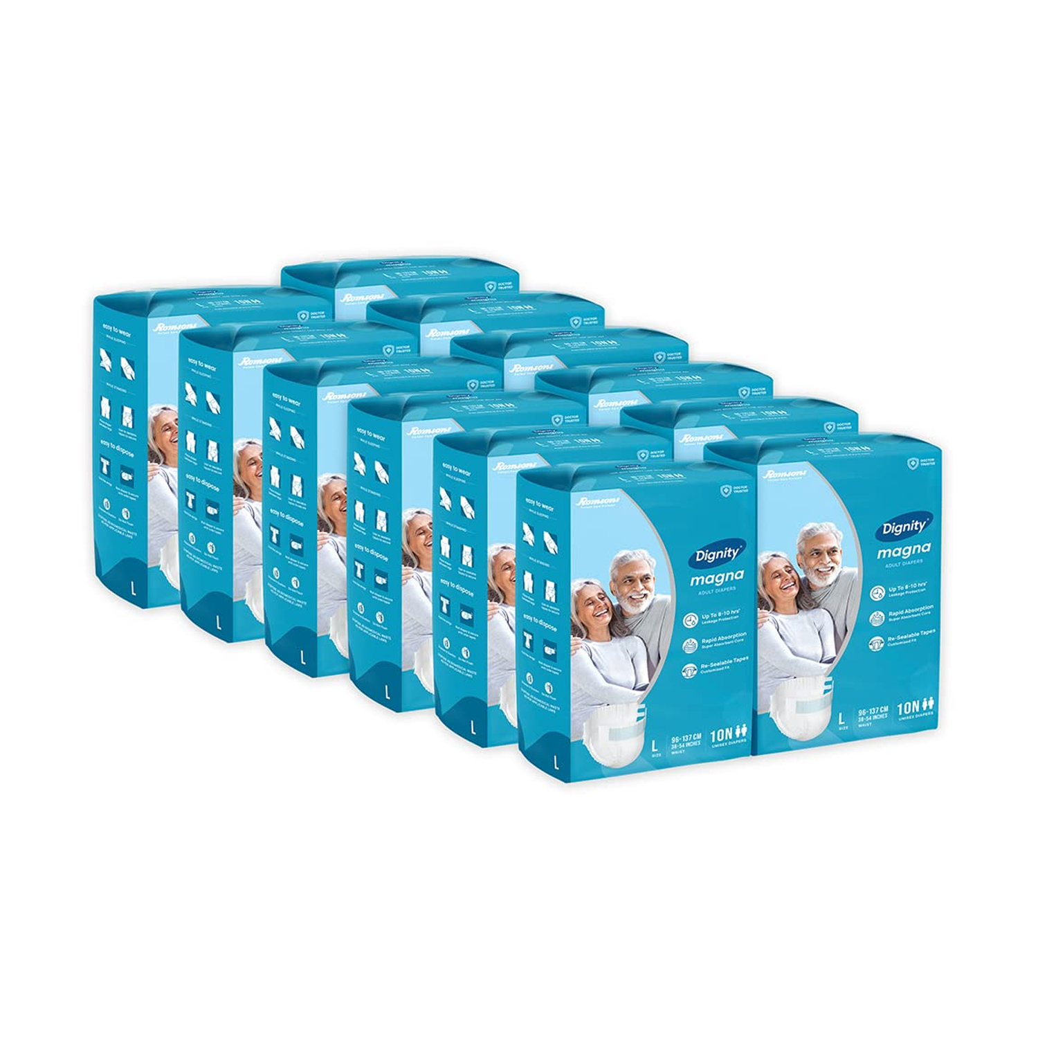 Romsons Dignity Magna Adult Diapers, Large, Waist Size 38″ – 54″, 10 Pcs/Pack (Pack of 12), 120 Pcs Large