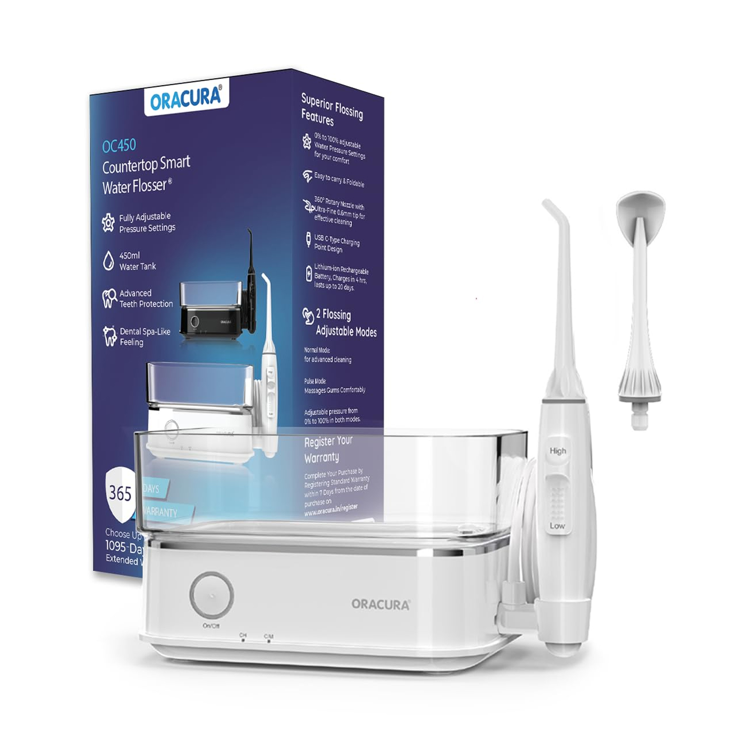 Oracura Countertop Smart Water Flosser OC450 Lite (2 Tips)