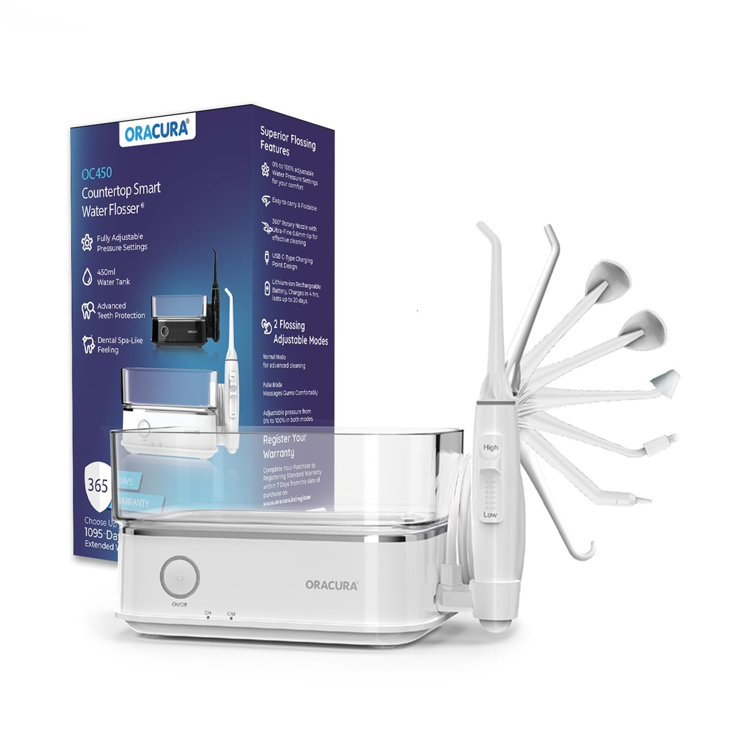 Oracura Countertop Smart Water Flosser OC450 Dental Pro (8 Tips)