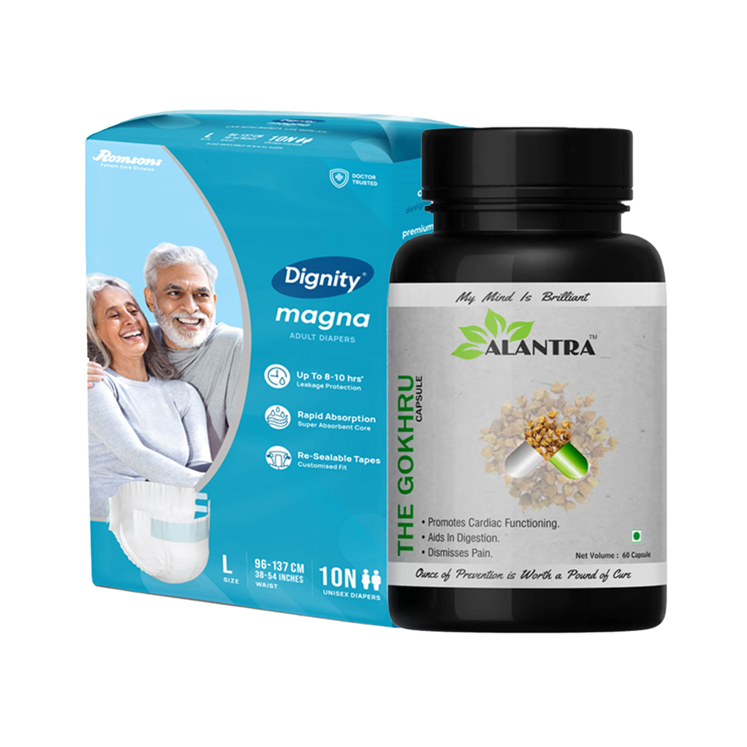 Heavy Incontinence (Alantra The Gokhru Capsule - 60 nos + Romsons Magna Adult Diaper Medium Waist Size 28-45 inches – 10 nos)