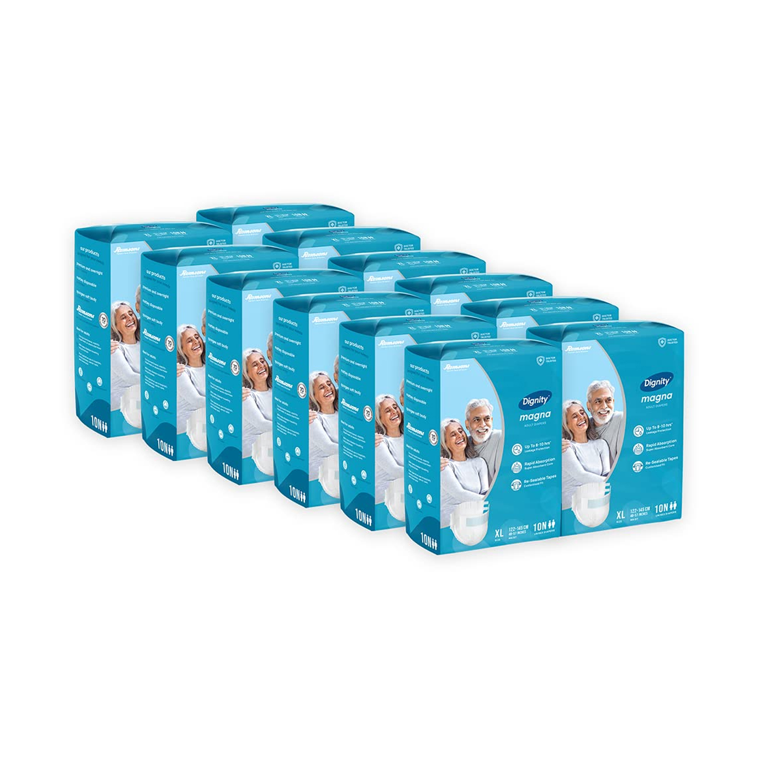 Romsons Dignity Magna Adult Diapers, Large, Waist Size 38" - 54", 10 Pcs/Pack (Pack of 12), 120 Pcs XL