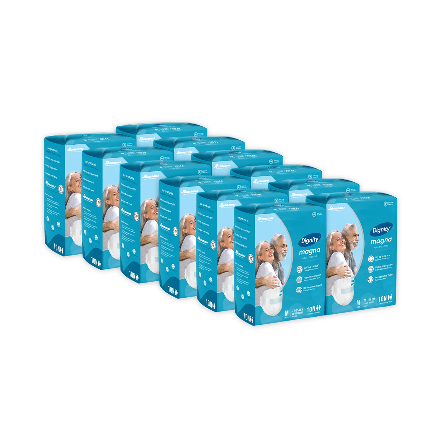 Romsons Dignity Magna Adult Diapers, Large, Waist Size 38″ – 54″, 10 Pcs/Pack (Pack of 12), 120 Pcs Medium