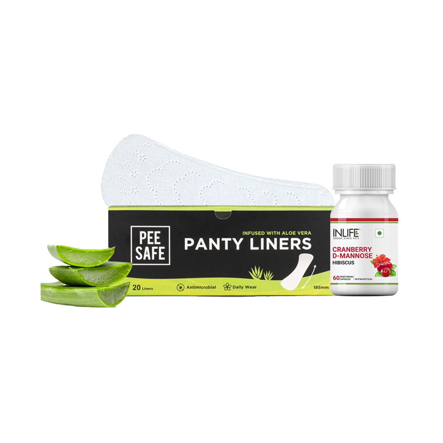 Mild to Moderate Incontinence (INLIFE Cranberry 400mg D-Mannose 400mg & Hibiscus 200mg Extract for Urinary Tract – 60 Vegetarian Capsules + Pee Safe Aloe Vera Panty Liners (185mm) – 20 Liners)