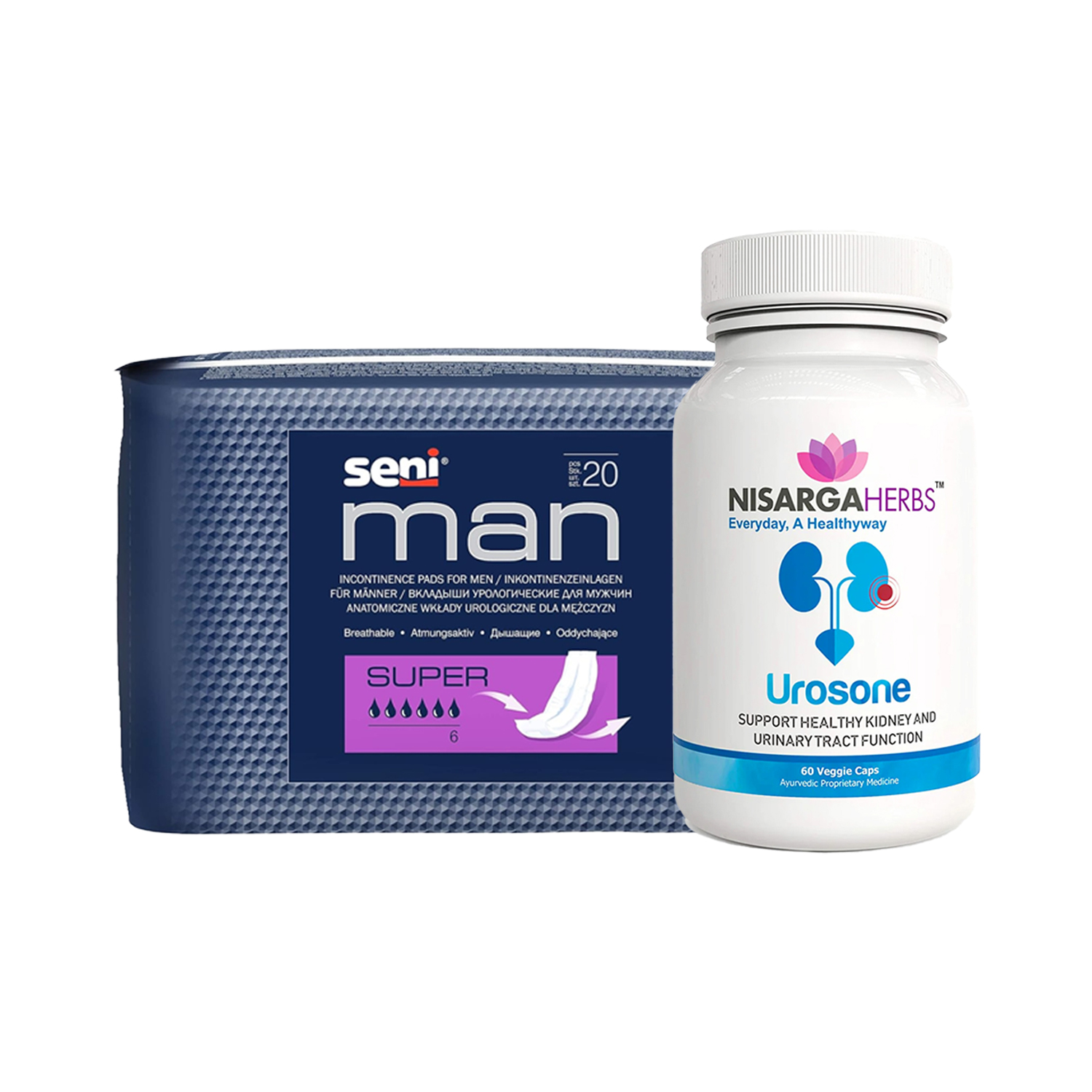 Urinary Incontinence Men (Nisargaherbs Urosone Herbal Tablet for UTI + Seni Man Bladder Control Super Pads (20 Pieces)